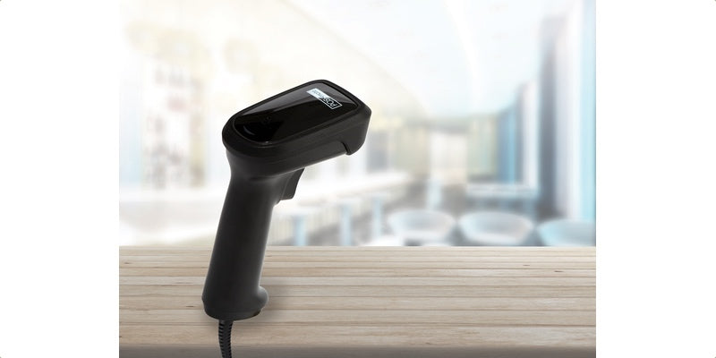 black usb barcode scanner on a desk